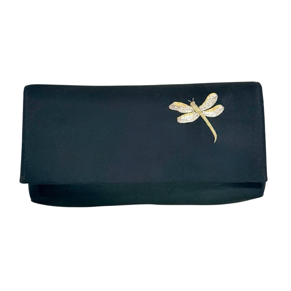 Black Silk Evening Clutch with Gold & Silver Dragonfly Embroidery